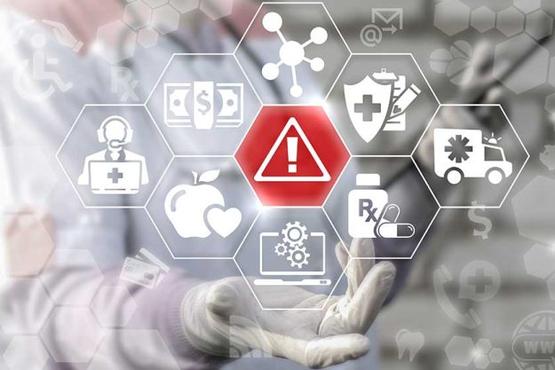 Medicine health care attention mark with triangle icon web risk safety security medical concept