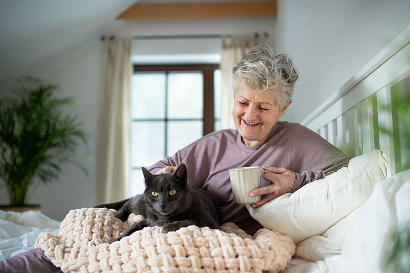 Happy senior woman with cat resting in bed at home