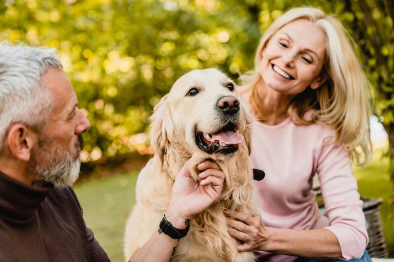 Happy caucasian senior couple petting their dog in autumn park Enjoy Living By Nature When Retiring In North Port, FL