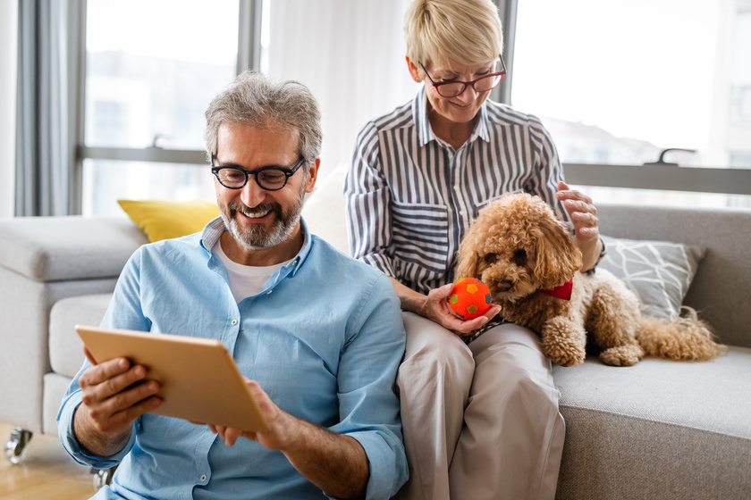Lovely smiling mature couple having fun while using tablet at home