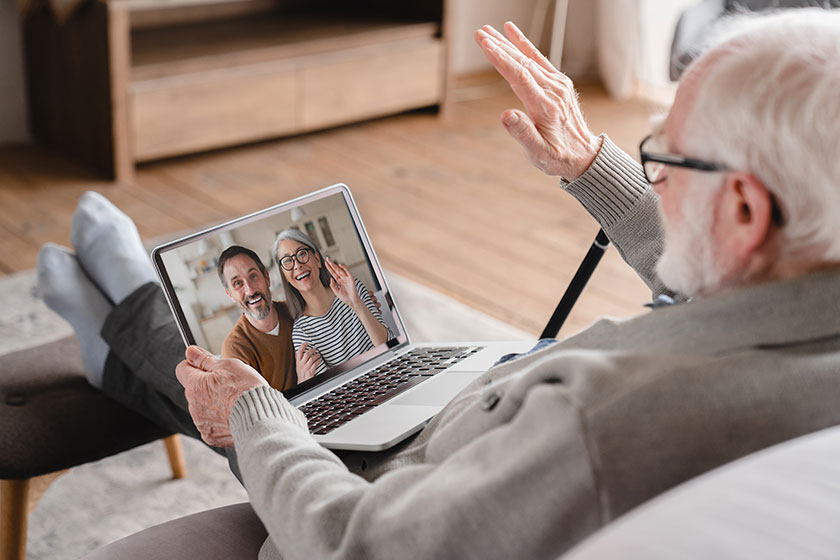Old elderly pensioner man grandfather having videocall conversation Old elderly pensioner man grandfather having videocall conversation