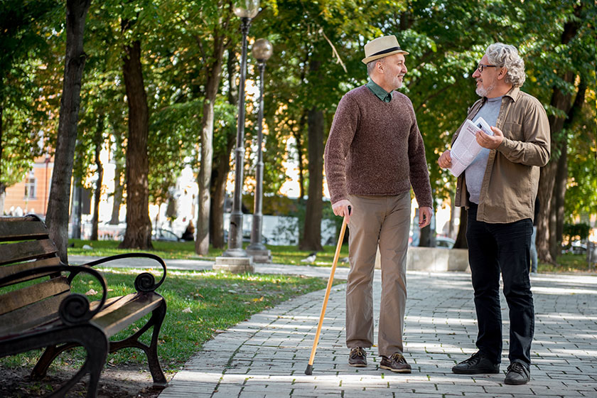 Cheerful mature friends talking in park Cheerful mature friends talking in park