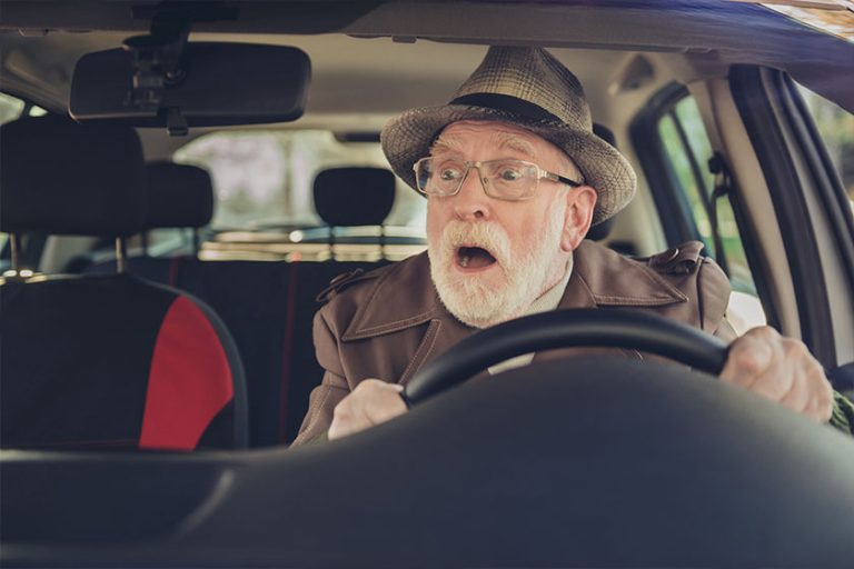Photo of retired old man surprised face open mouth drive Photo of retired old man surprised face open mouth drive
