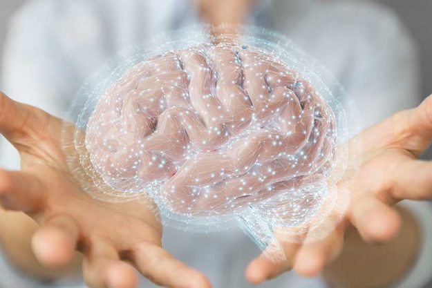 Businesswoman Blurred Background Using Digital Projection Human Brain Rendering