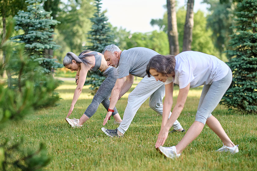 Sport in park. Mature group of people exercising outdoors, healthy lifestyle, stretching body before workout