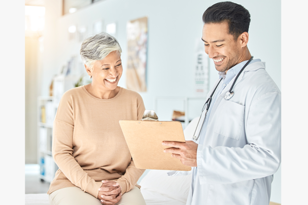 Consulting medical results old woman doctor planning surgery life insurance