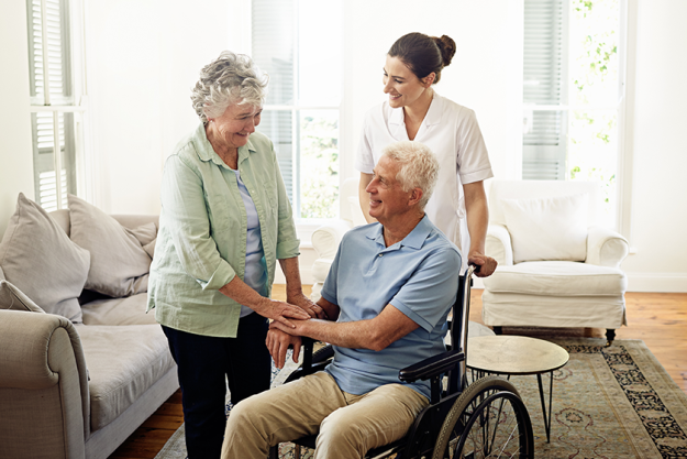 Smile old man wheelchair wife nurse nursing home disability help