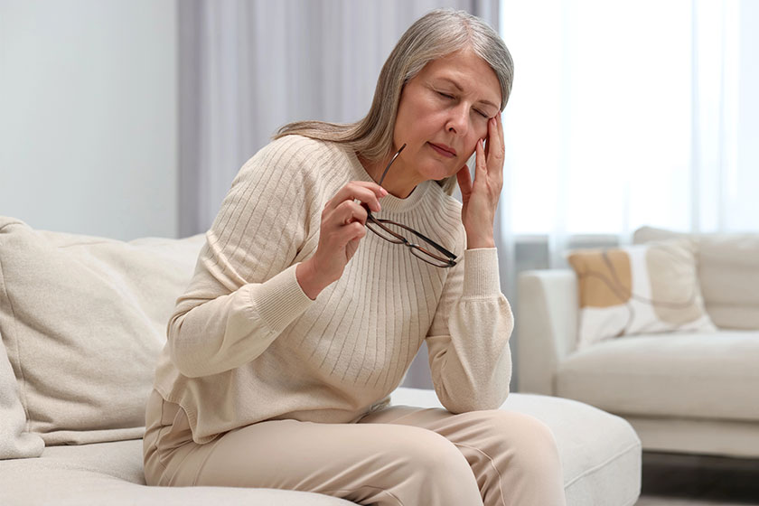 Overwhelmed woman glasses sitting sofa home Overwhelmed woman glasses sitting sofa home