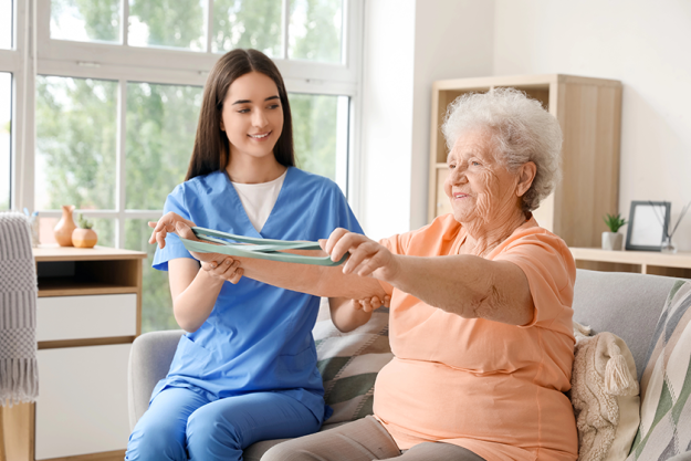young nurse senior woman stretching young nurse senior woman stretching