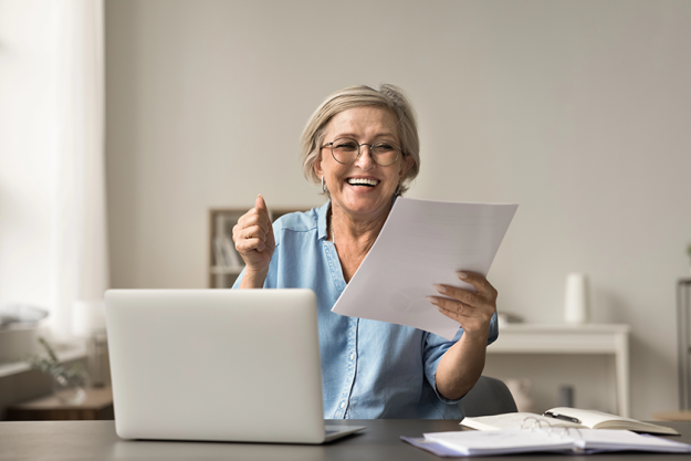 happy excited retired older business