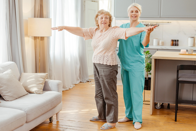 cheerful nurse helping senior woman cheerful nurse helping senior woman